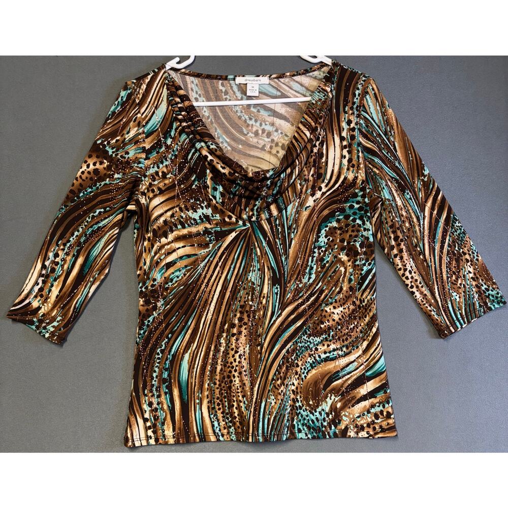 Womens M Blouse Cowl Neck Artistic Abstract Boho Social Wrinkle Free Stretch